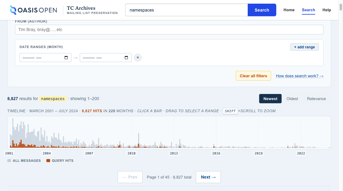 Search results for namespaces showing message list with date, author, subject, and snippet